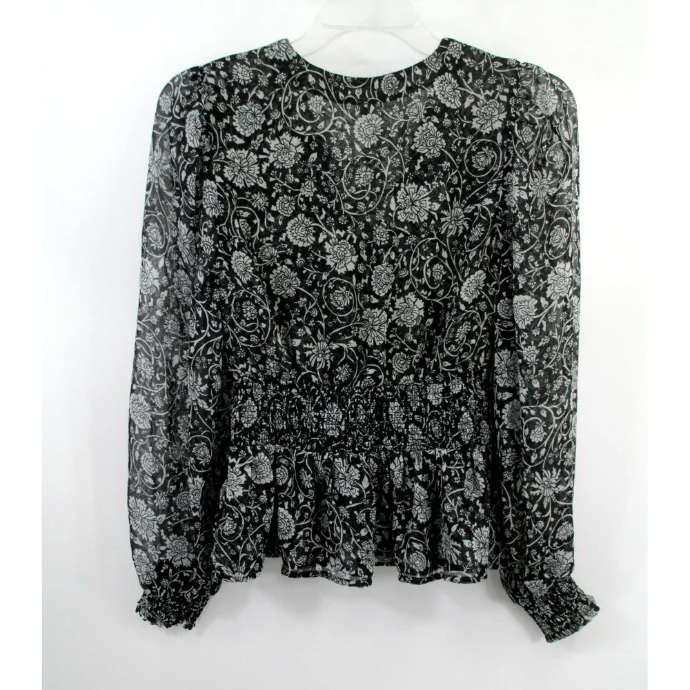 Old Navy Womens Medium Black Floral Peasant Blouse Boho Smocked Puff Sleeve